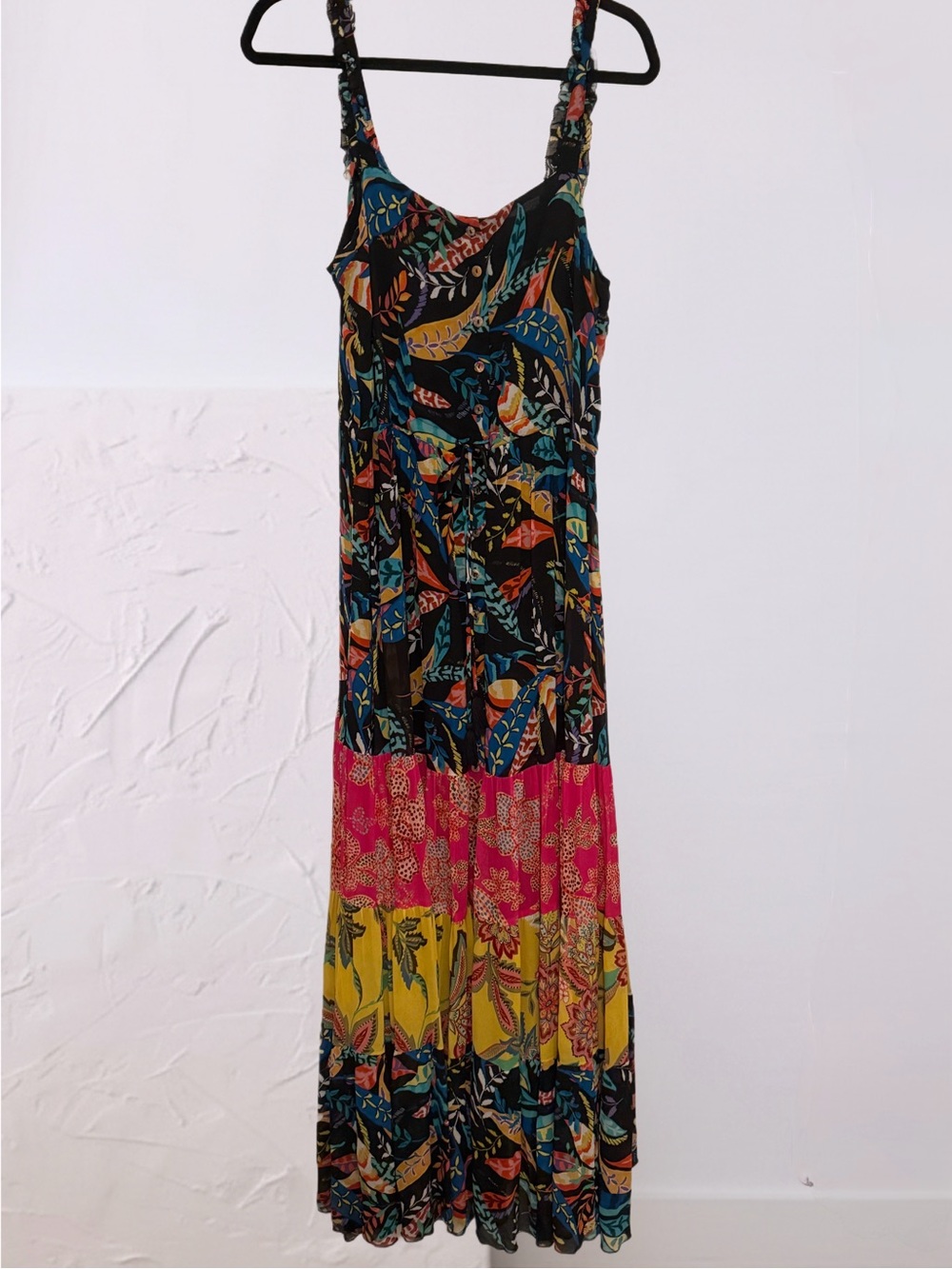 Johnny Was Jade Mirko Tropical Tiered Maxi Dress in Black, Pink & Yellow